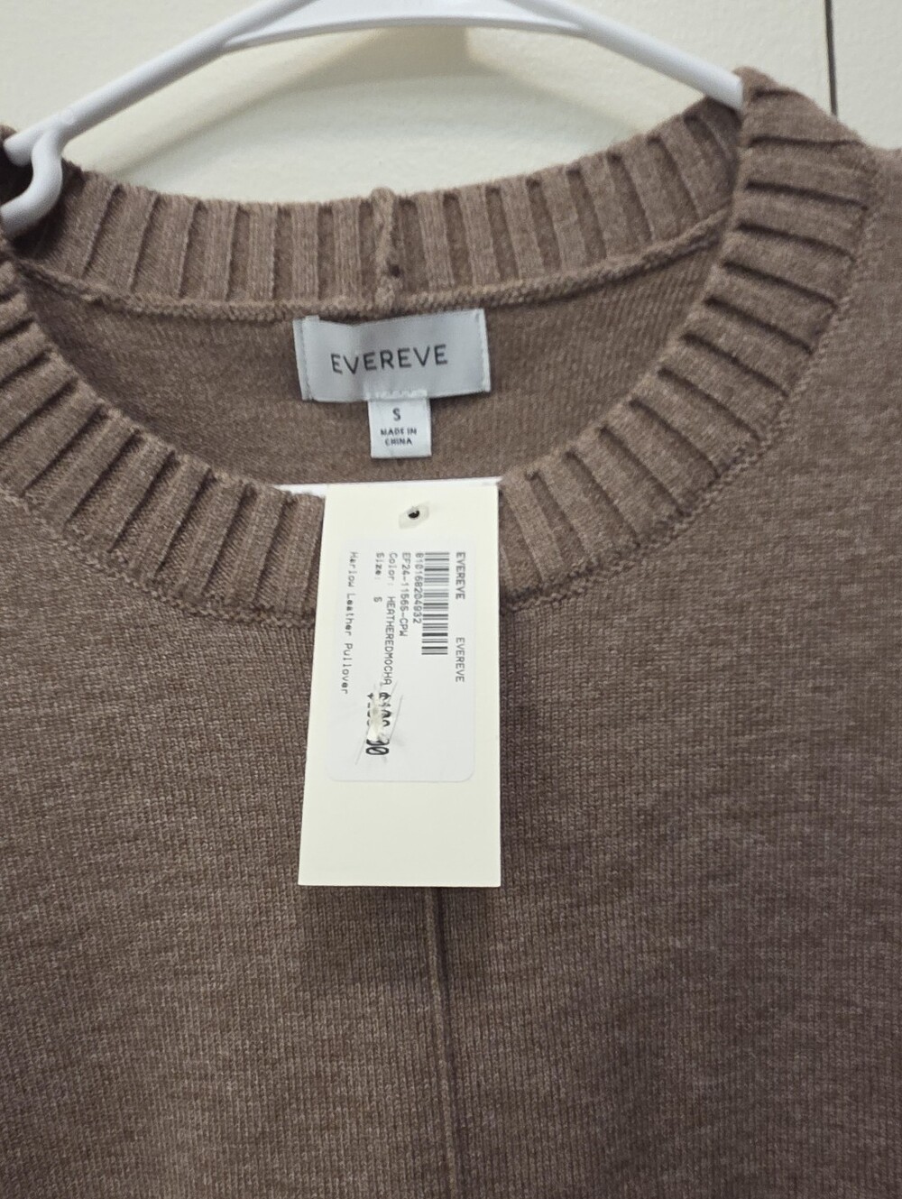 Evereve Women’s Brown Crewneck Sweater with Leather-Trim Sleeves - Picture 2 of 4